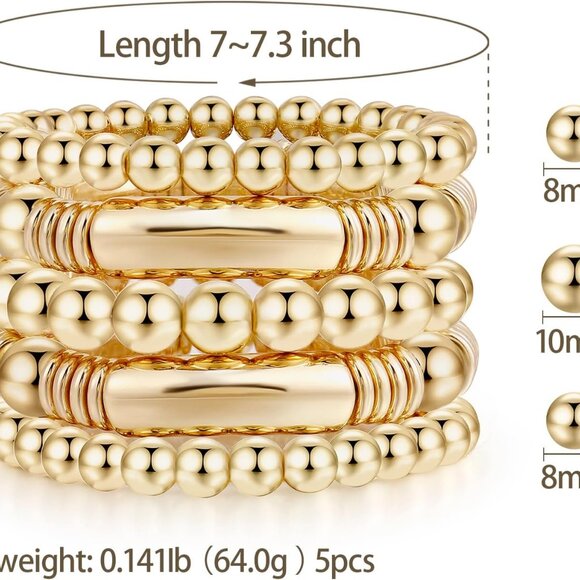 Gold Plated Bead Ball Stretch Bracelets Set for Women Gifts Jewelry - Picture 2 of 7